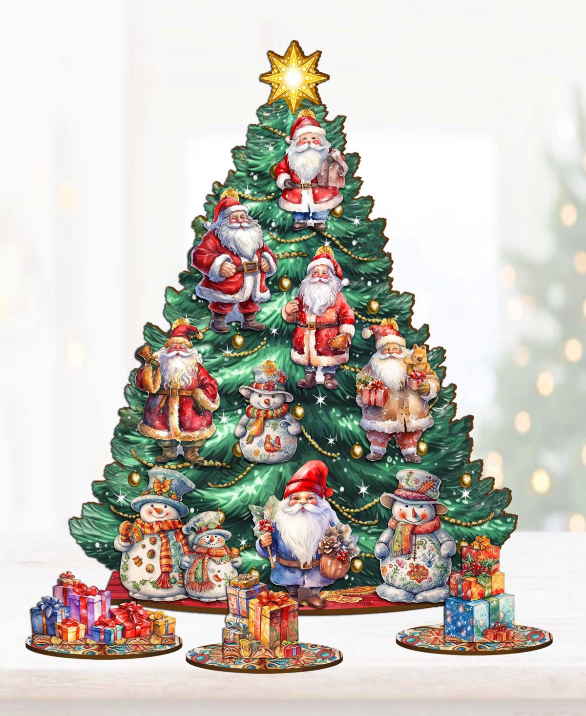 Shop Designocracy Santa Clause Themed Wooden Christmas Tree With Ornaments Set Of 13 G. Debrekht In Multi Color