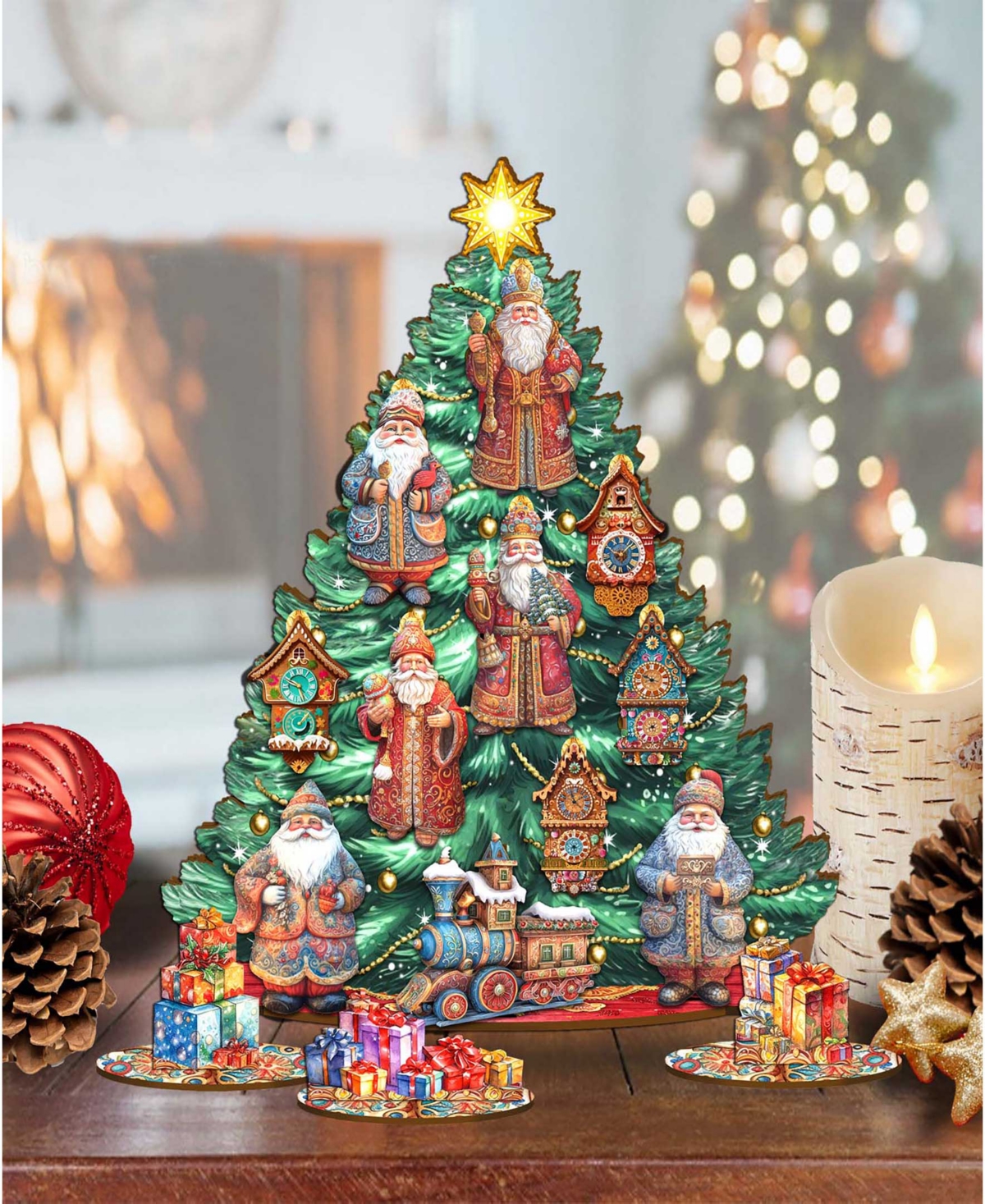 Shop Designocracy Santa Christmas Arrival Themed Wooden Christmas Tree With Ornaments Set Of 13 G. Debrekht In Multi Color