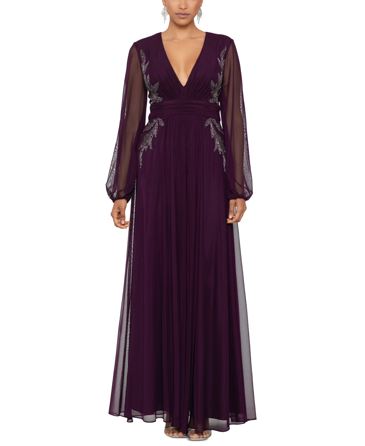 Betsy & Adam Petite V-neck Side-beaded Long-sleeve Gown In Plum