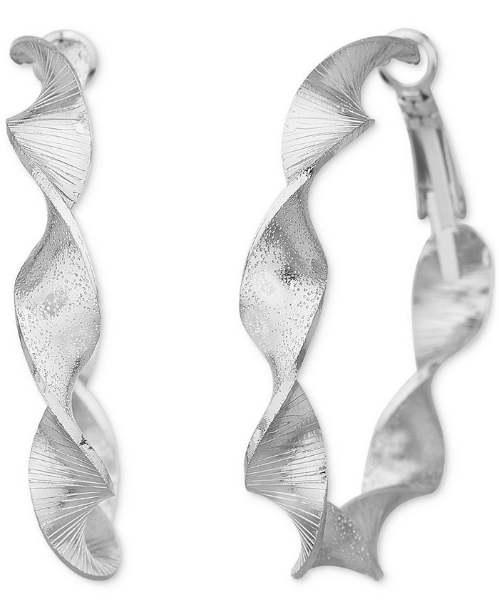 kensie Silver Tone Star Pattern Medium Hoop Earrings 1.7