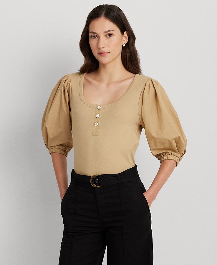 Women s Stretch Cotton Puff Sleeve Henley Tee
