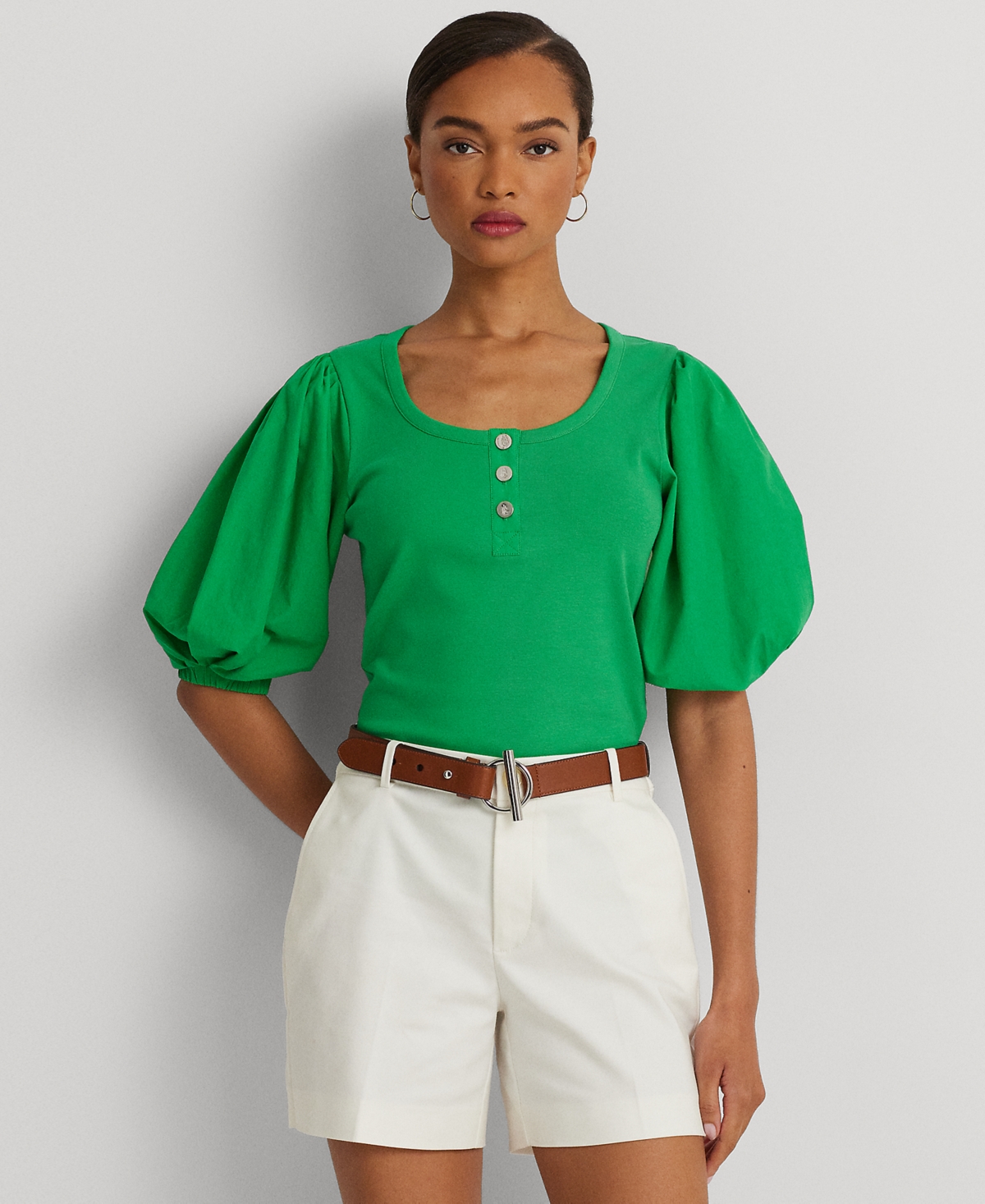 Lauren Ralph Lauren Stretch Cotton Puff sleeve Henley Tee In Green