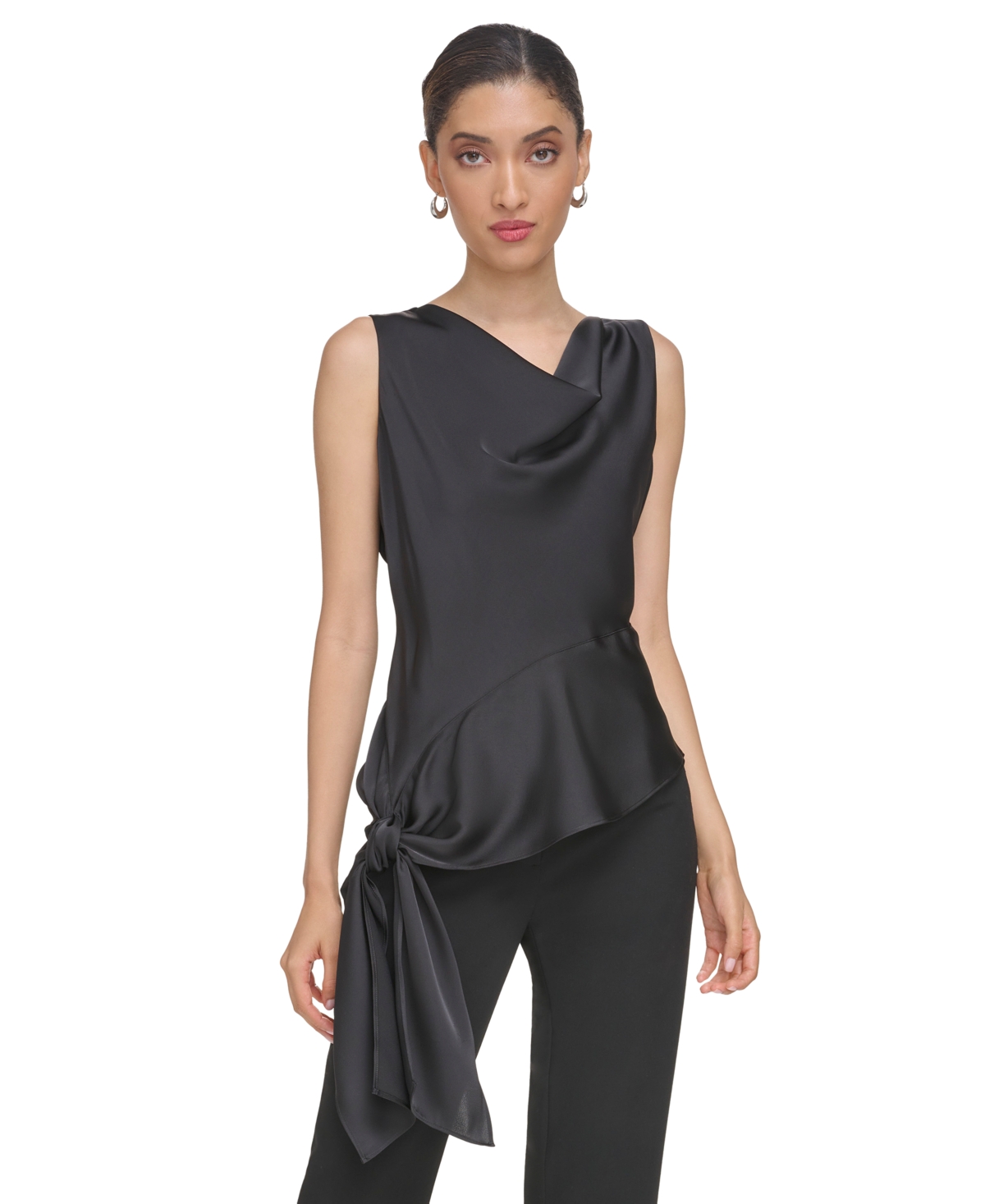 Calvin Klein Women's Sleeveless Asymmetrical Tie-hem Blouse In Black