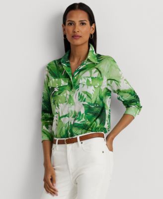로렌 랄프로렌 Lauren Ralph Lauren Womens Palm Frond-Print Cotton Voile Shirt,Green Multi