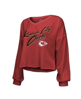 Women's Threads Patrick Mahomes Red Kansas City Chiefs Name and Number Off-Shoulder Script Cropped Long Sleeve V-Neck T-shirt
