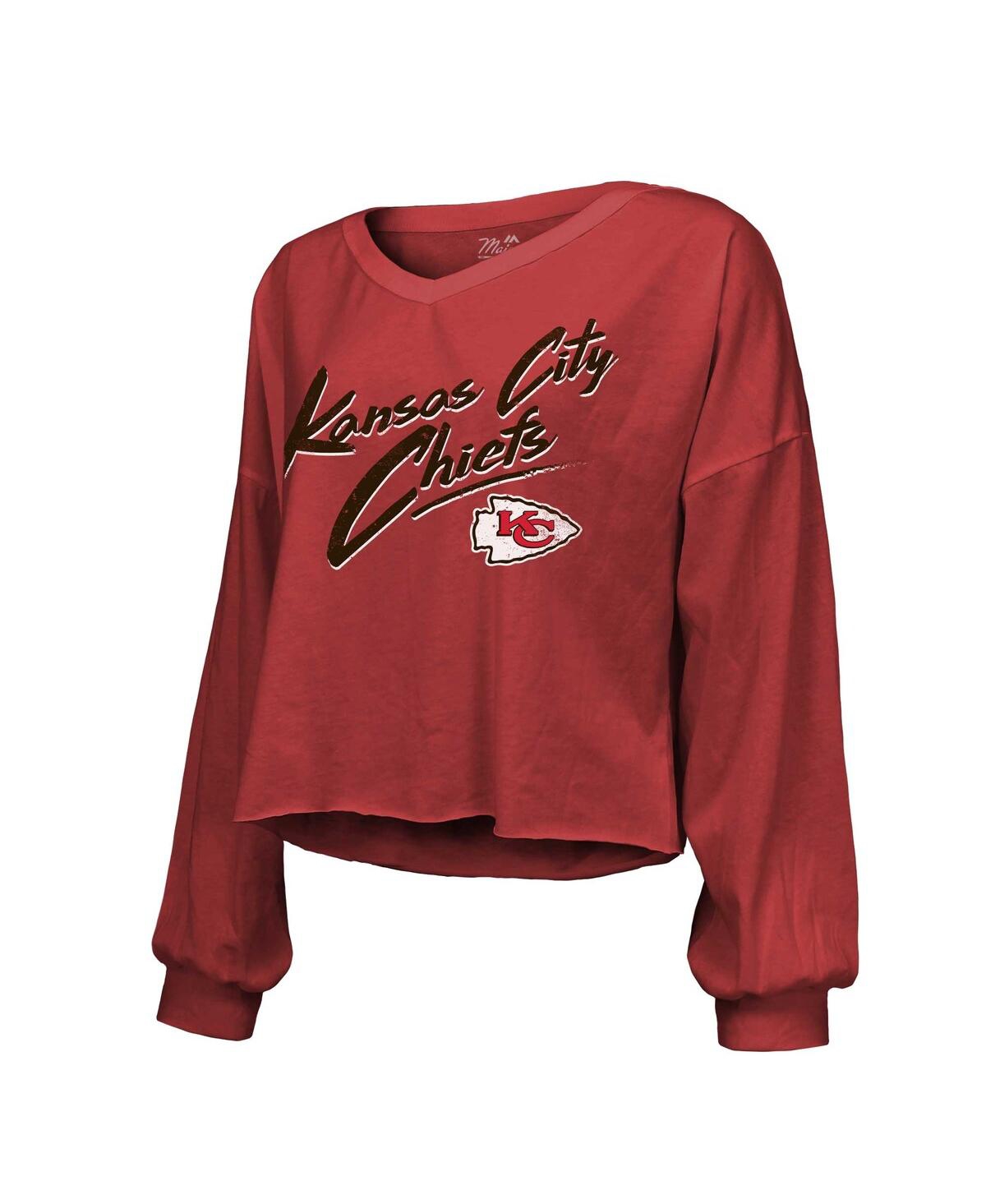Majestic Threads Patrick Mahomes Red Kansas City Chiefs Name & Number Off-shoulder Script Cropped Lo In Red