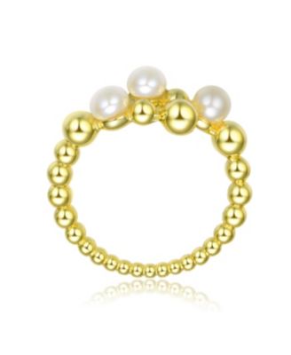 Sterling Silver 14K Gold Plated Genuine Freshwater Pearl and Cubic Zirconia Adjustable Ring
