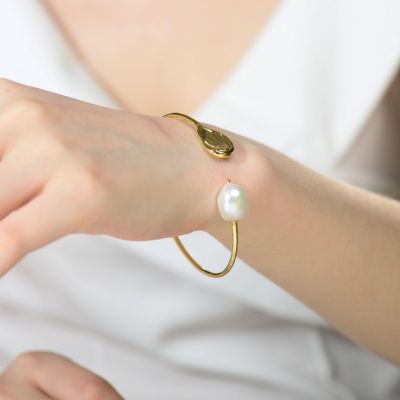 Classy Sterling Silver with 14K Gold Plating and Genuine Freshwater Pearl Cuff Bracelet