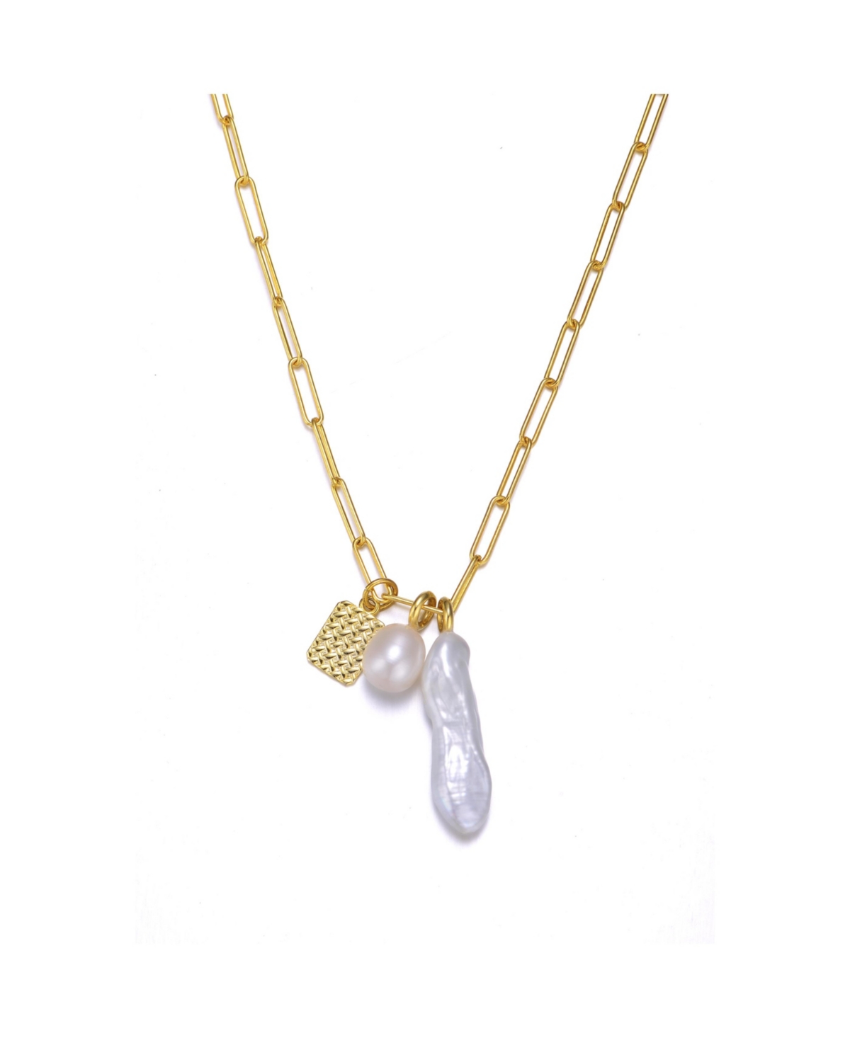 Sterling Silver 14K Gold Plated Genuine Freshwater Pearl and Cubic Zirconia Lobster Claw Link Necklace - Gold