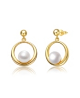 Genevive Sterling Silver 14k Yellow Gold Plated with White Freshwater Pearl Eternity Circle Halo Dangle Earrings - Gold