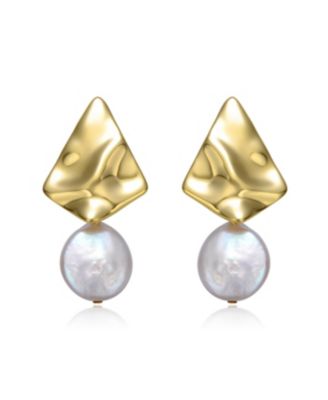 Sterling Silver 14k Yellow Gold Plated with White Coin Freshwater Pearl Drop Geometric Rippled 3D Double Dangle Earrings