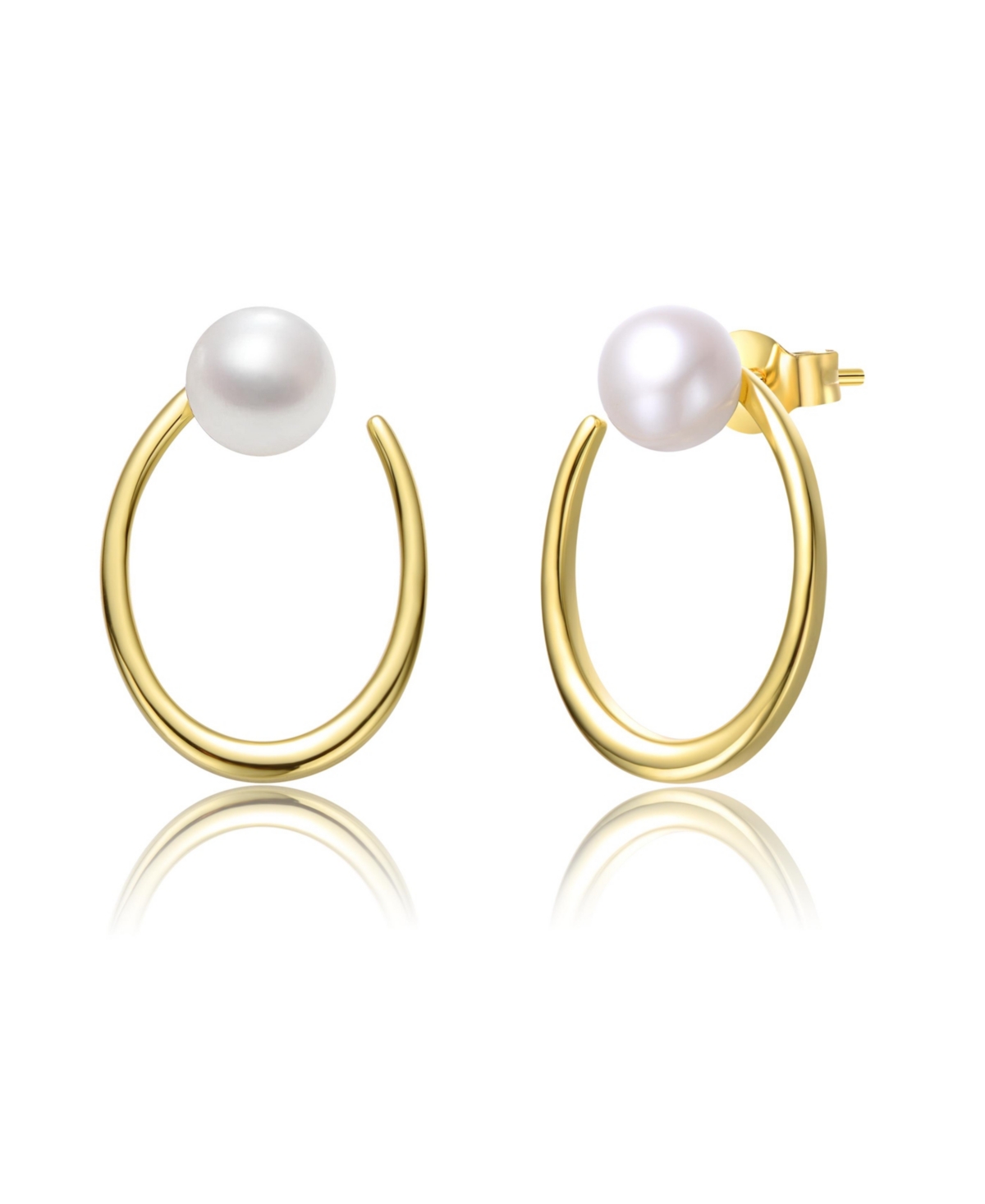 Sterling Silver 14k Yellow Gold Plated with White Freshwater Pearl Oblong Oval Halo Hoop Dangle Earrings - Gold