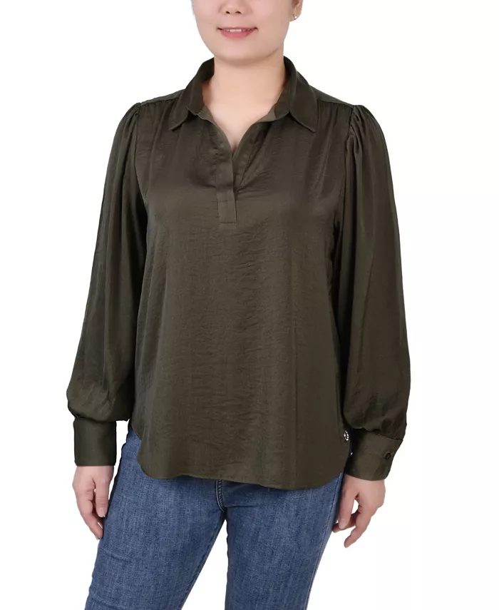 Women's Long Puff Sleeve Satin Blouse