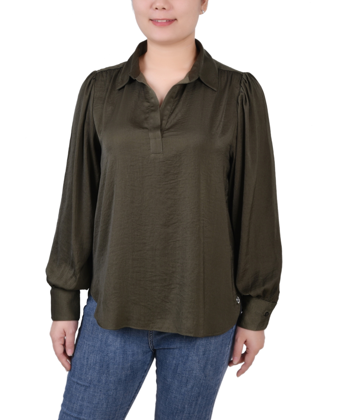 Ny Collection Women's Long Puff Sleeve Satin Blouse In Olive