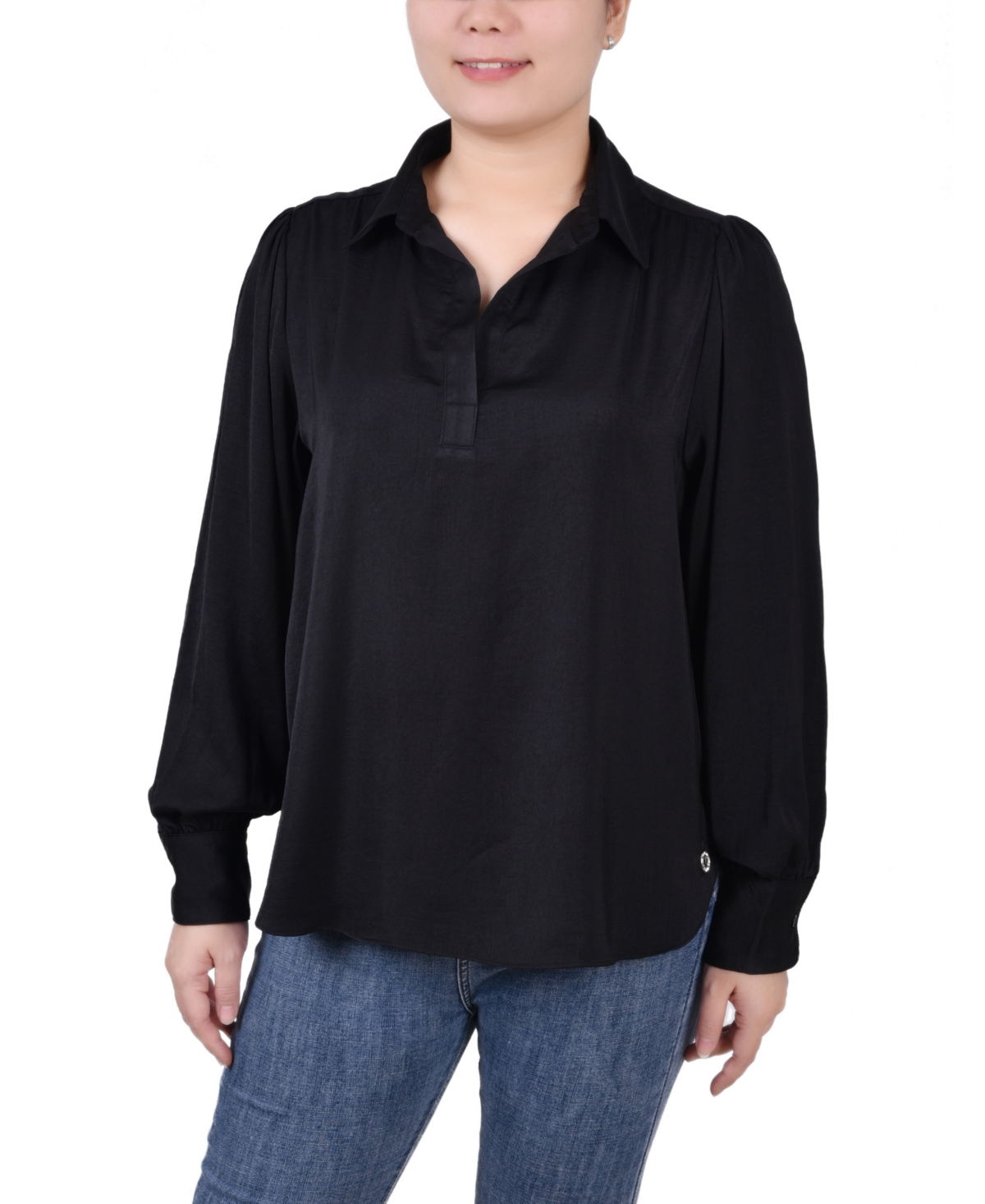 Ny Collection Women's Long Puff Sleeve Satin Blouse In Black