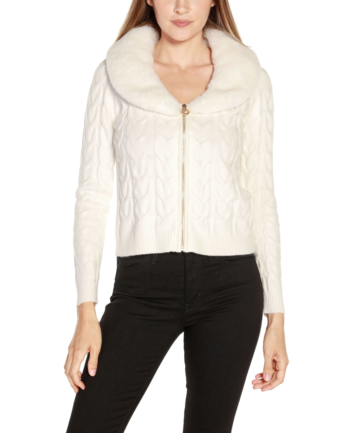 Belldini Black Label Women's Faux Fur Collared Cable Cardigan Sweater In Winter White