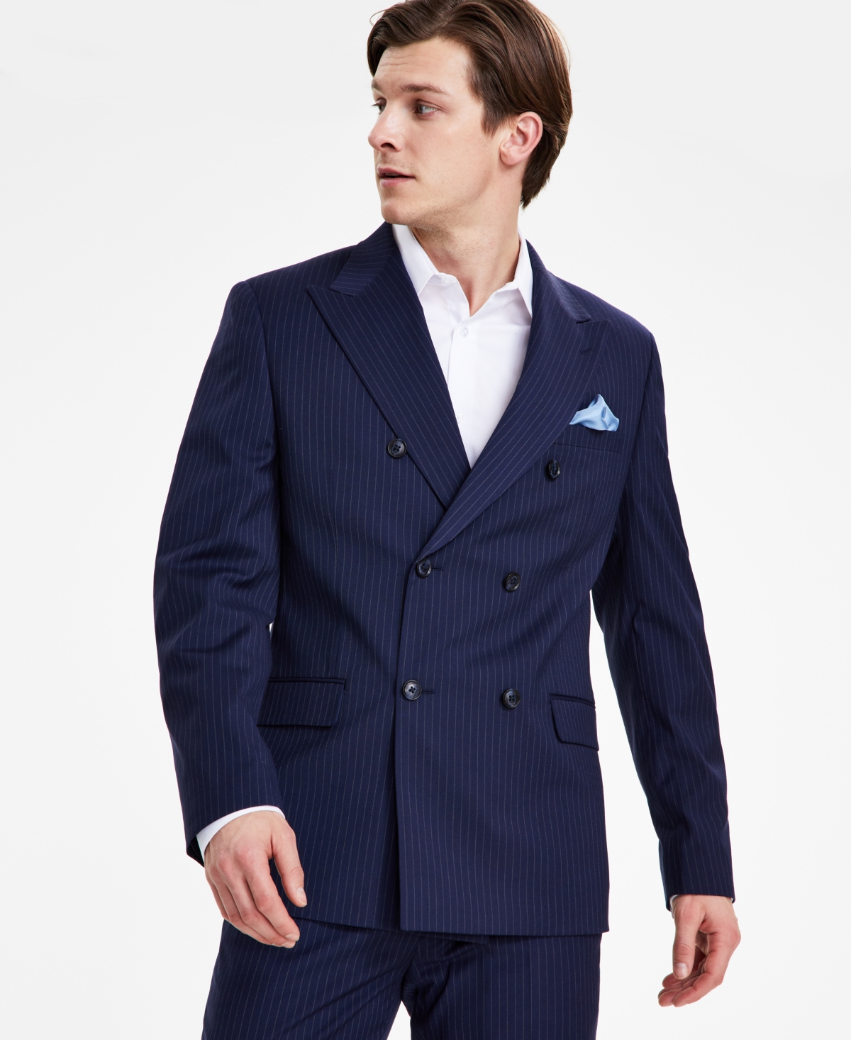 Shop Alfani Men's Navy Slim-fit Stripe Double Breasted Suit Jacket, Created For Macy's