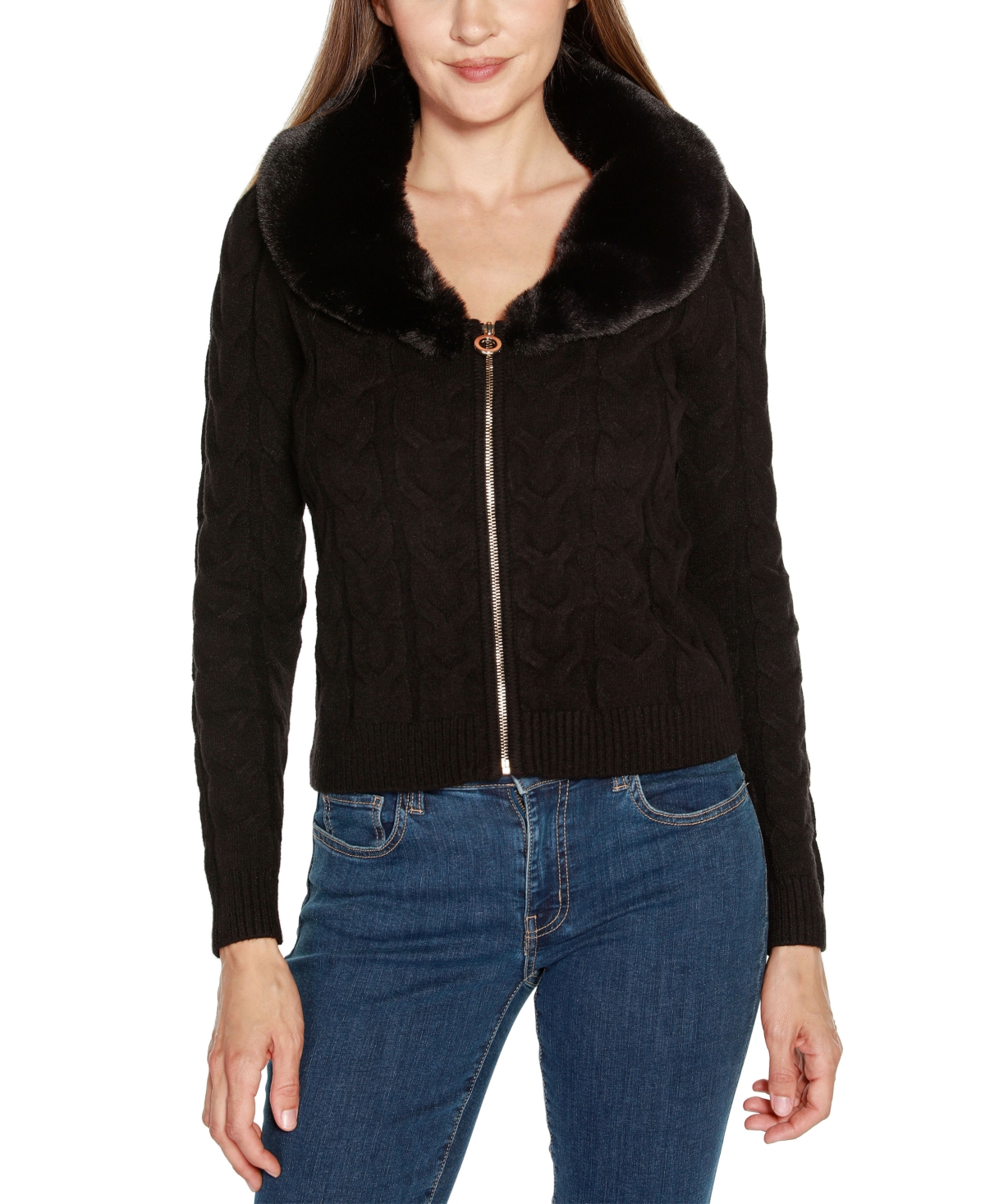 Belldini Black Label Women's Faux Fur Collared Cable Cardigan Sweater In Black/black