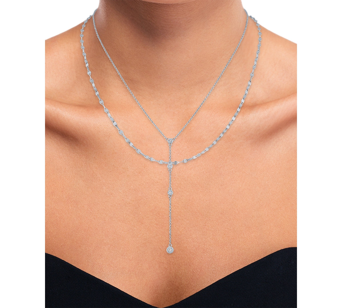Macy's 2-pc. Set Diamond Lariat Adjustable Layered Necklaces (1/10 Ct. T.w.) In Sterling Silver In Sterling Silver