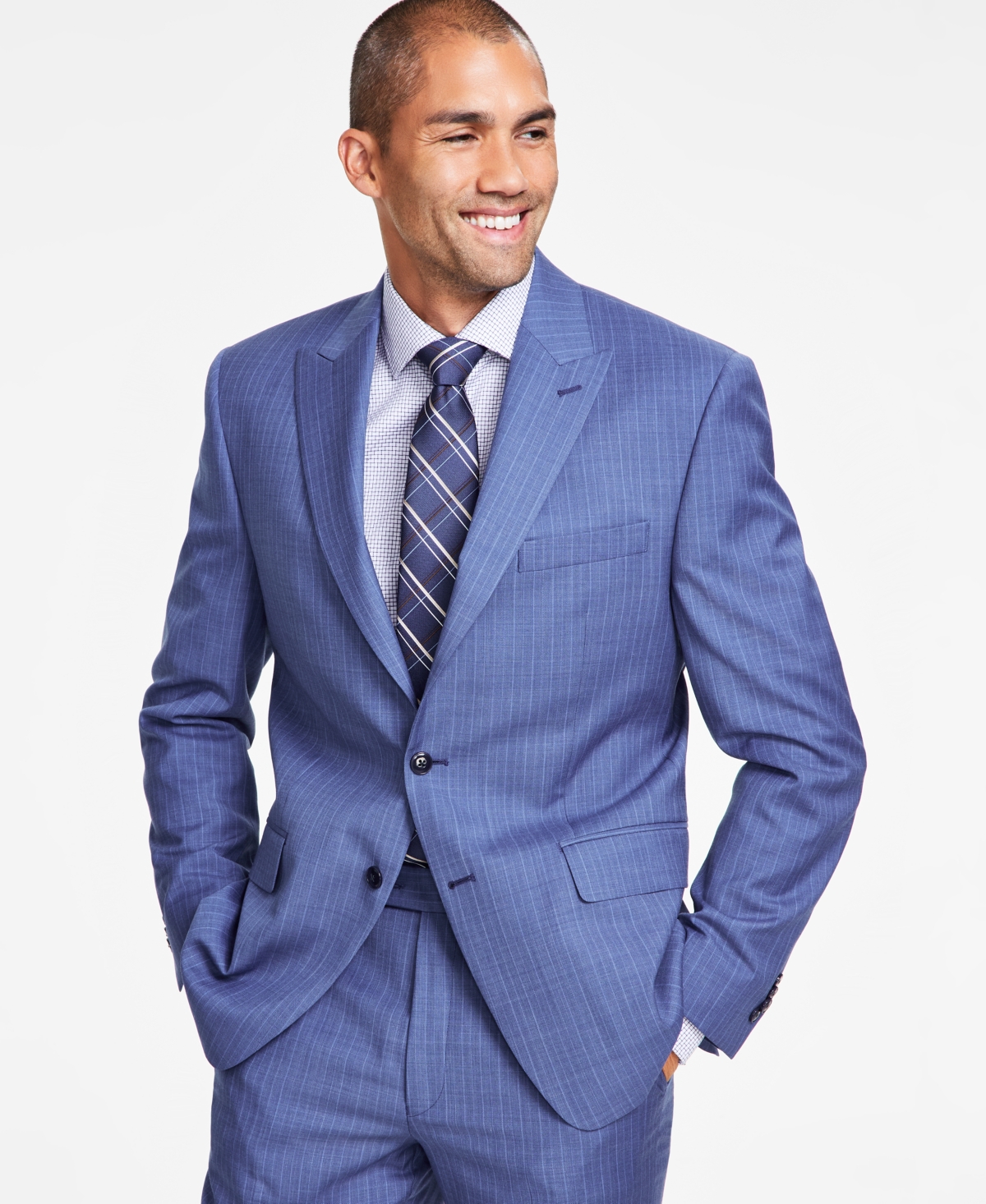 Men's Classic-Fit Pinstripe Wool Stretch Suit Jacket - Bright Blue Pinstripe