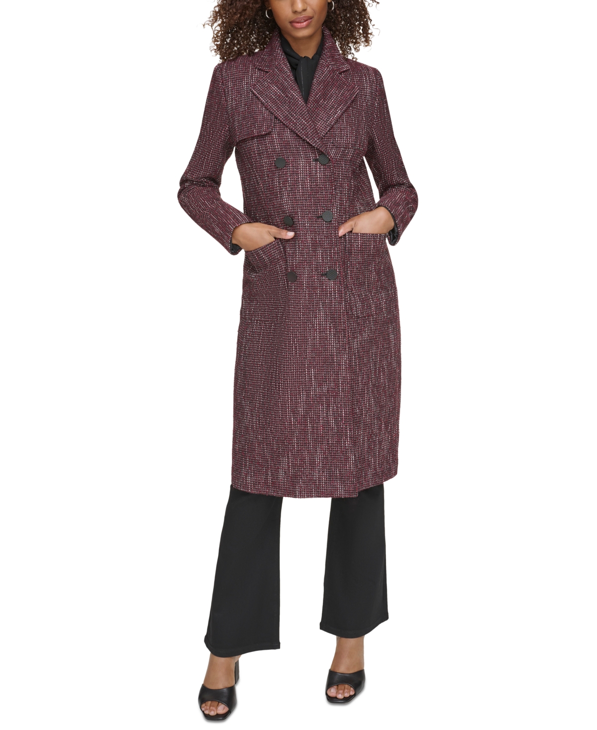 Karl Lagerfeld Women's Tweed Long Topper Jacket In Port Wine Multi