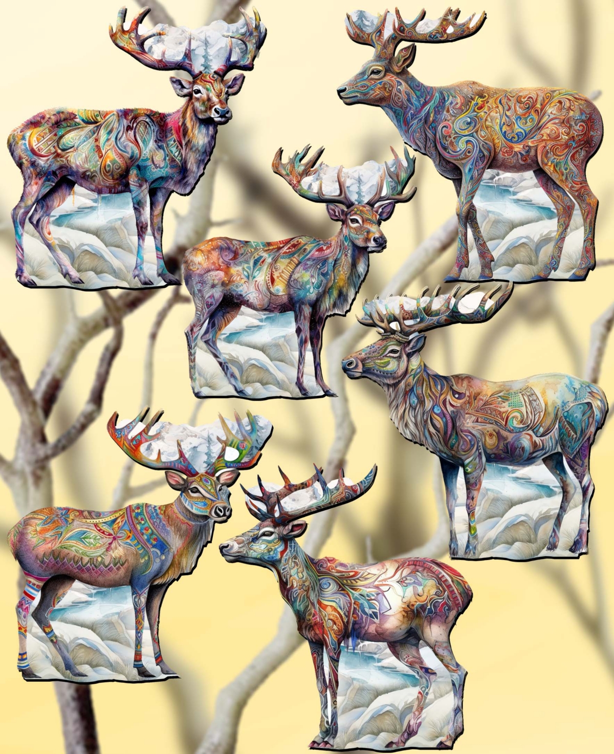 Designocracy Holiday Wooden Clip-on Ornaments Iconic Caribou Alaska Set Of 6 G. Debrekht In Multi Color