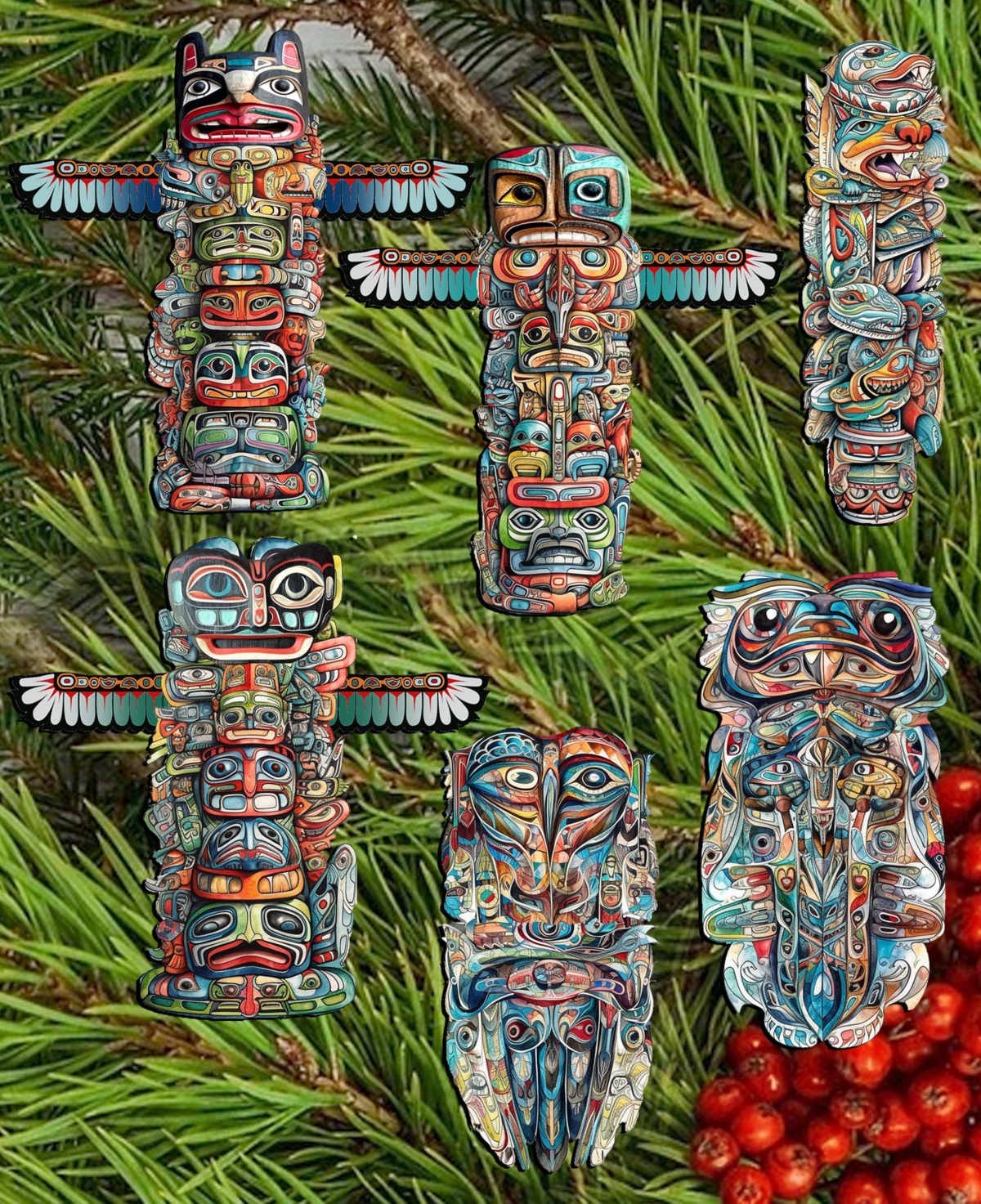 Designocracy Holiday Wooden Clip-on Ornaments Spirit Of The Totem Set Of 6 G. Debrekht In Multi Color