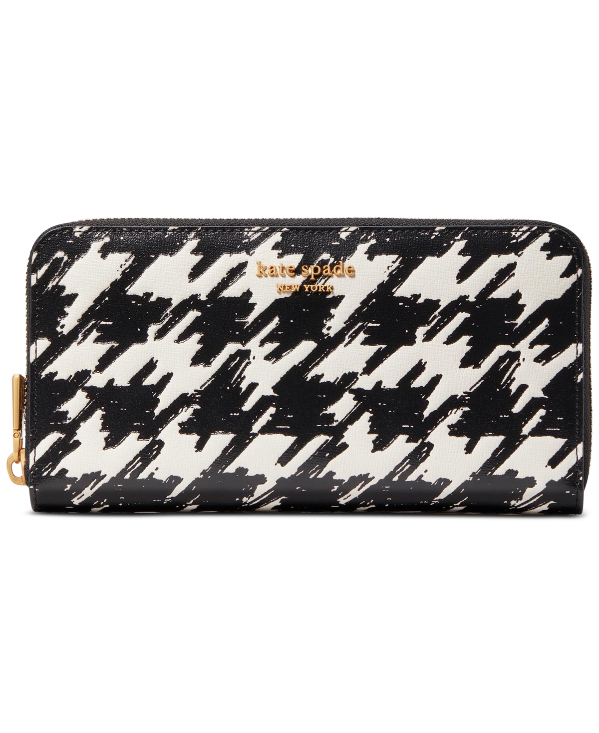 Kate Spade Morgan Painterly Houndstooth Embossed Saffiano Leather Zip Around Continental Wallet In Black
