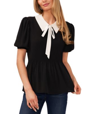 CeCe - Women's Short-Sleeve Collared Pin-Tuck Blouse