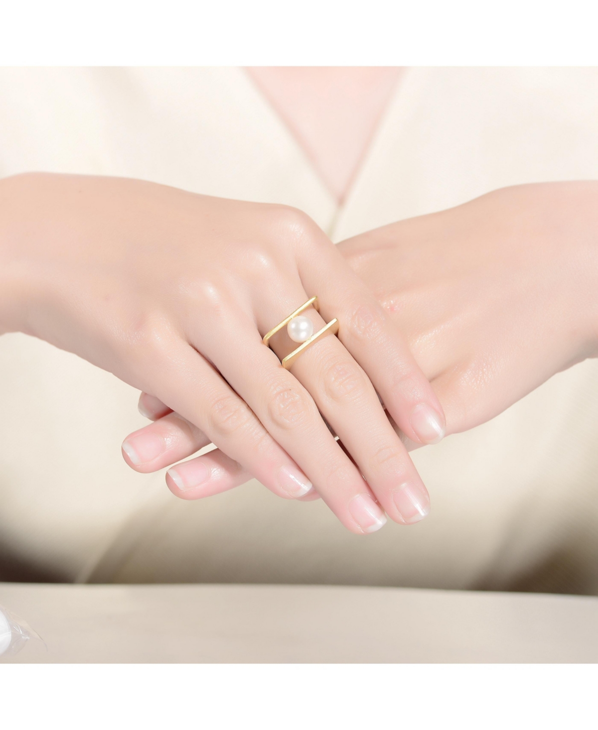Genevive 14kPlated with White Genuine Freshwater Pearl Double Band Geometric Square Stacked Ring. - Gold