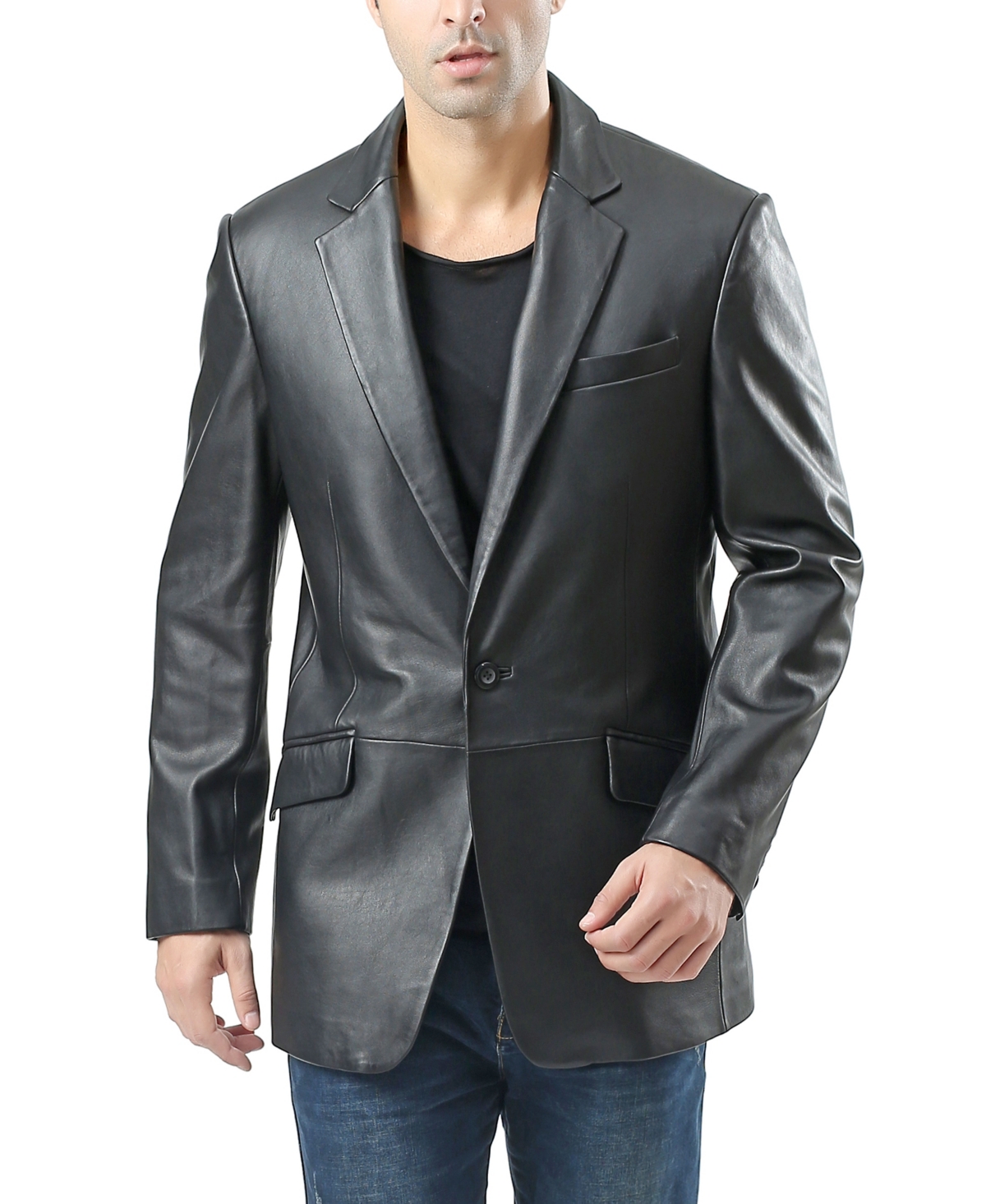 Men John One-Button Leather Blazer - Black