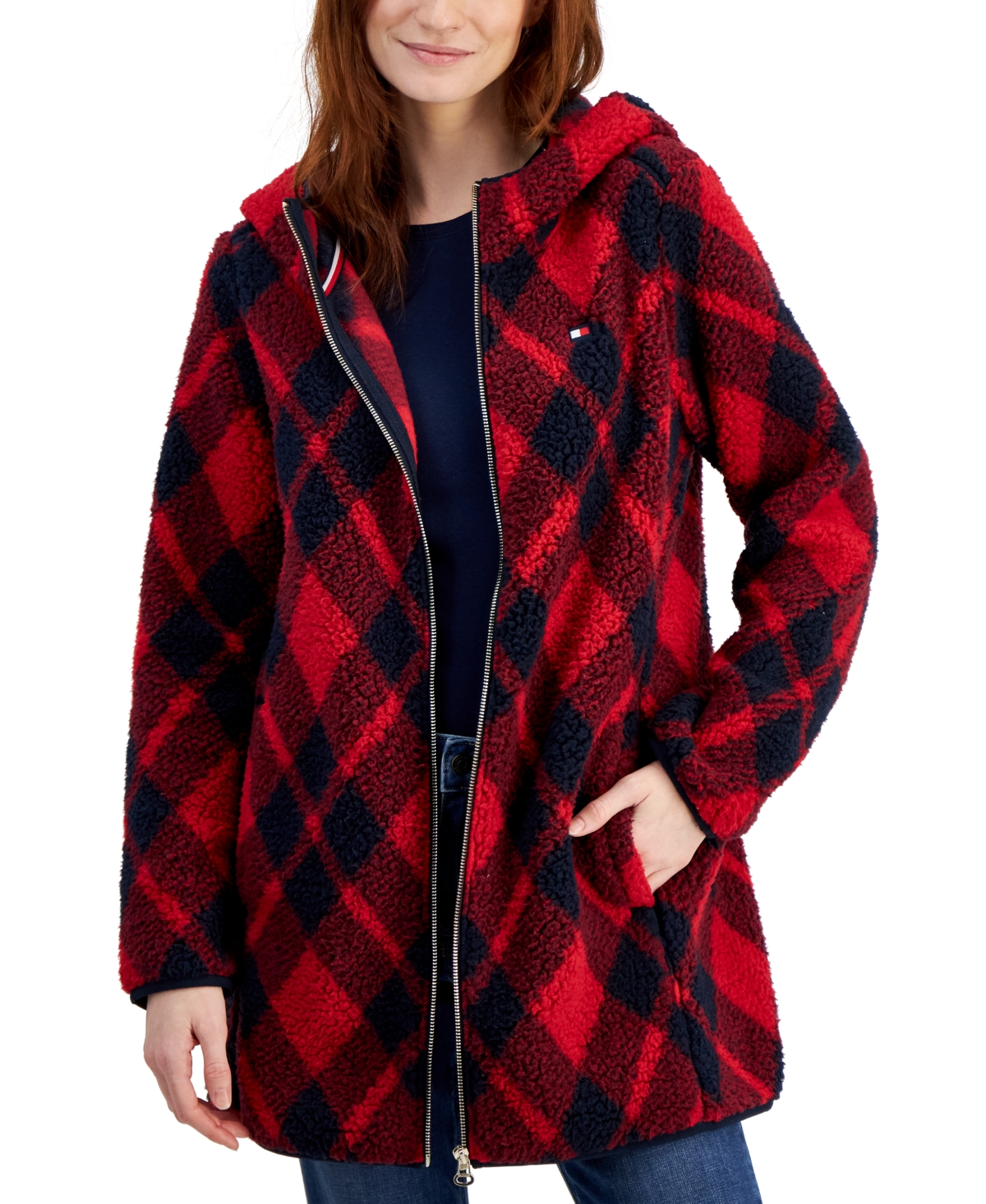 Tommy Hilfiger Women s Fleece Plaid Hooded Car Coat In Chili Pepper sky Captain ModeSens
