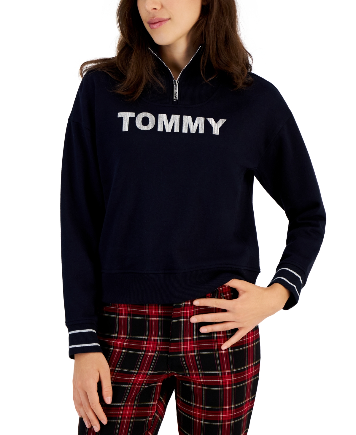 Tommy Hilfiger Women's Logo Mock-neck Quarter-zip Sweatshirt In Sky Captain