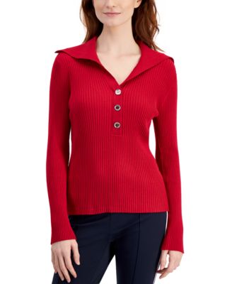 Women's Split-Neck Ribbed-Knit Button Sweater