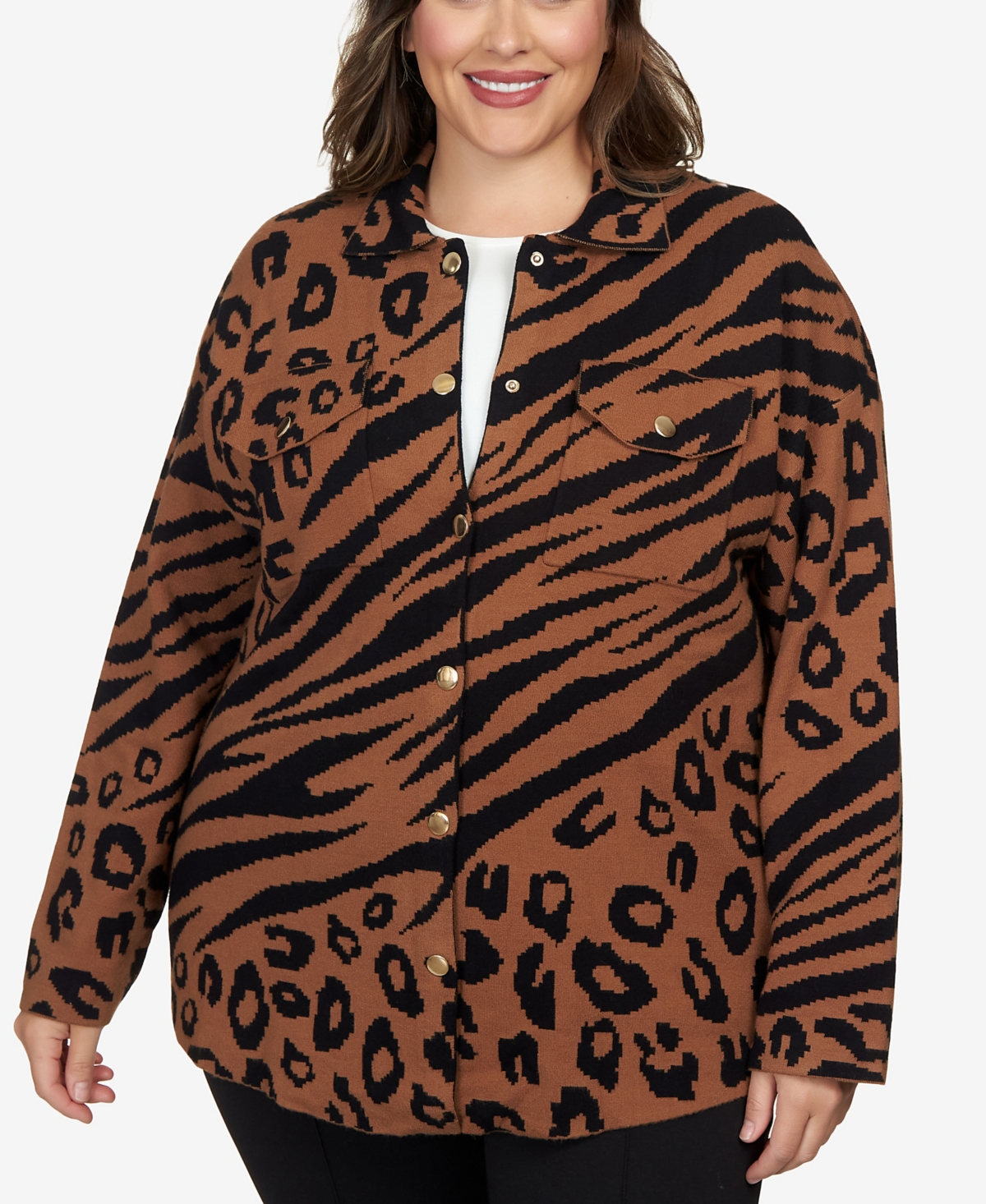 Shop Ruby Rd. Plus Size Animal Print Shacket Sweater In Chestnut Multi