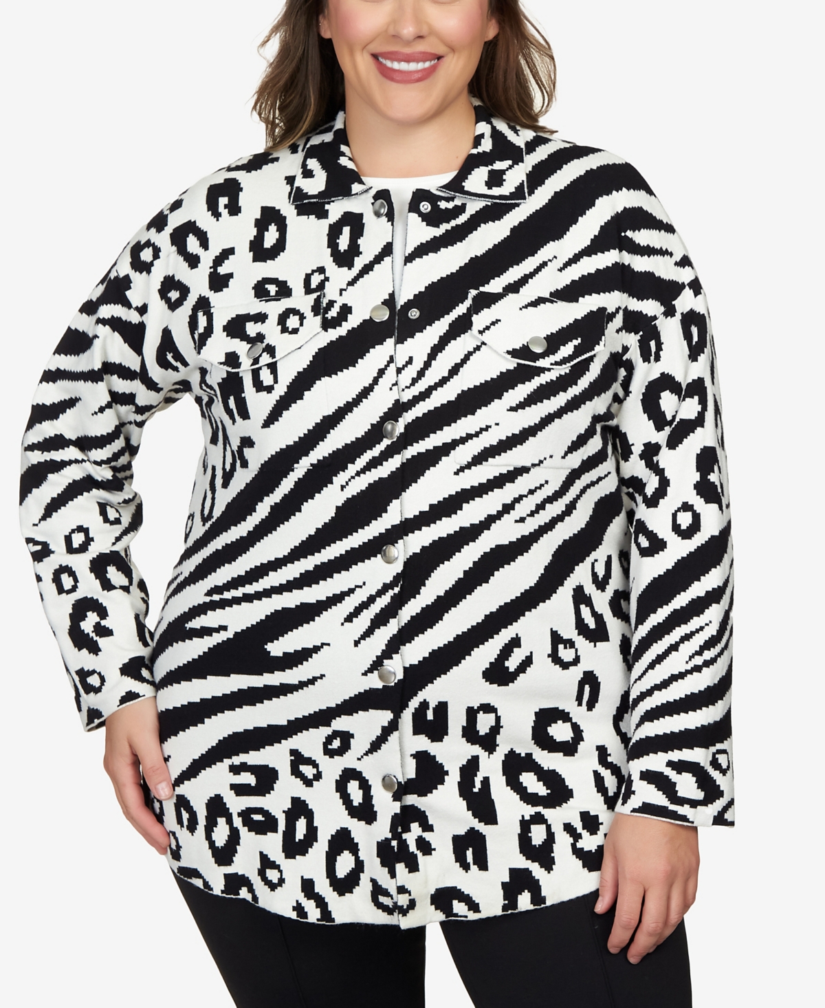 Ruby Rd. Plus Size Animal Print Shacket Sweater In Ivory,black