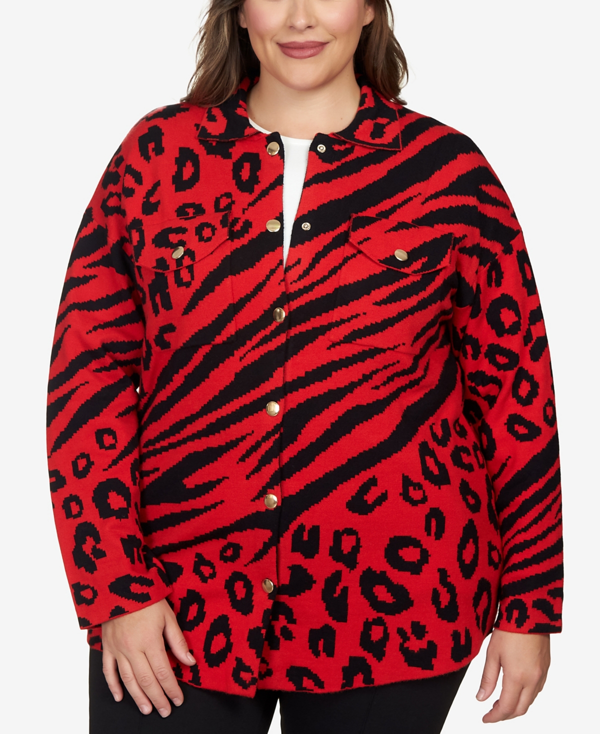 Shop Ruby Rd. Plus Size Animal Print Shacket Sweater In Lipstick Multi