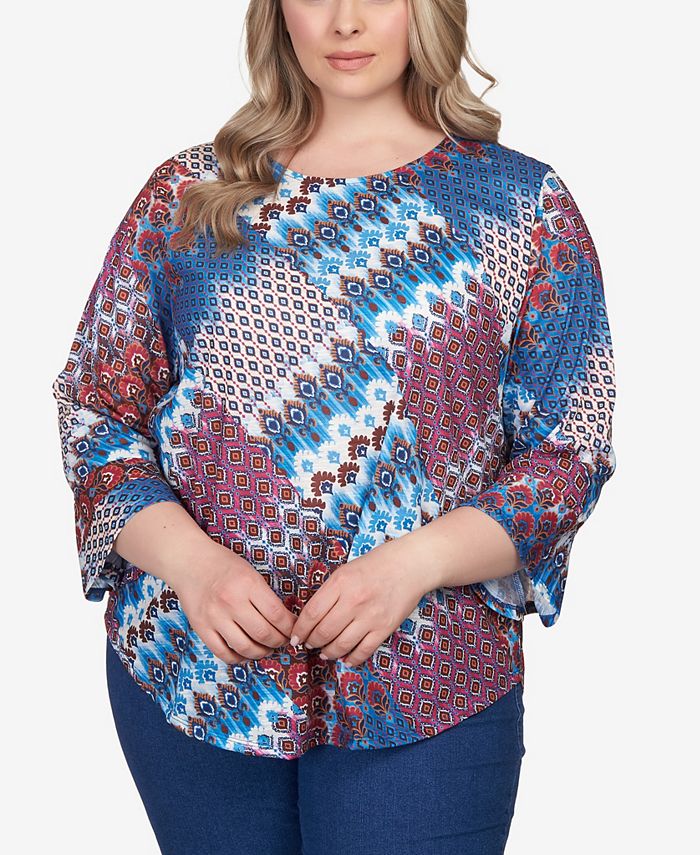 Ruby Rd. Plus Size Mixed Bohemian Geo Patchwork Top with Bell Sleeves -  Macy's