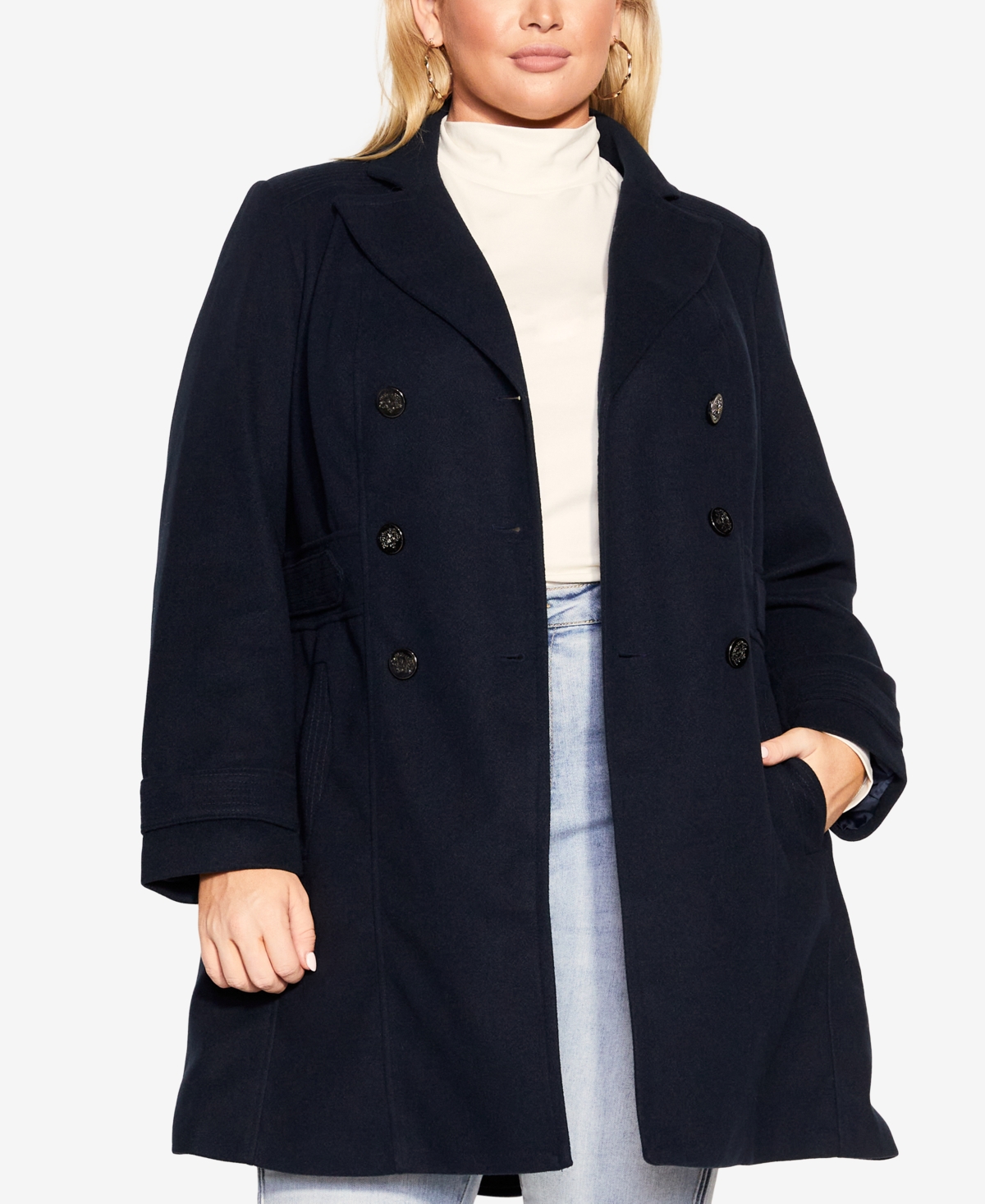 Avenue Plus Size Military Inspired Button Detail Coat In Navy