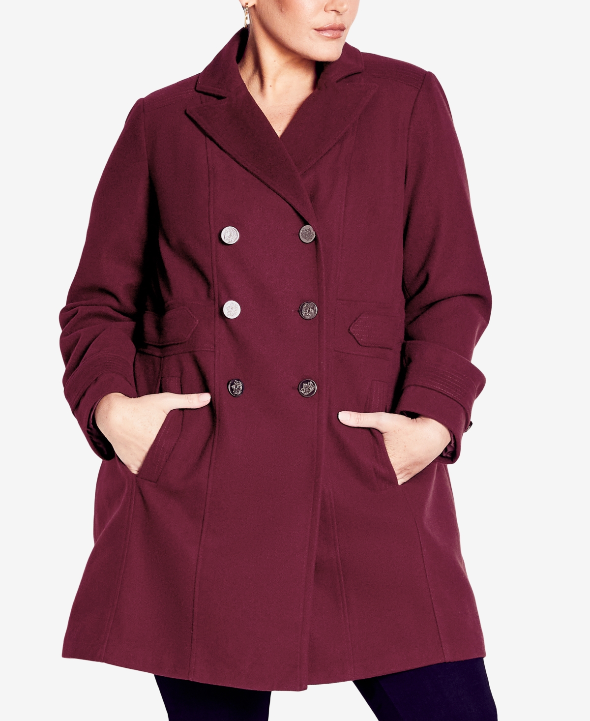Avenue Plus Size Military Inspired Button Detail Coat In Red