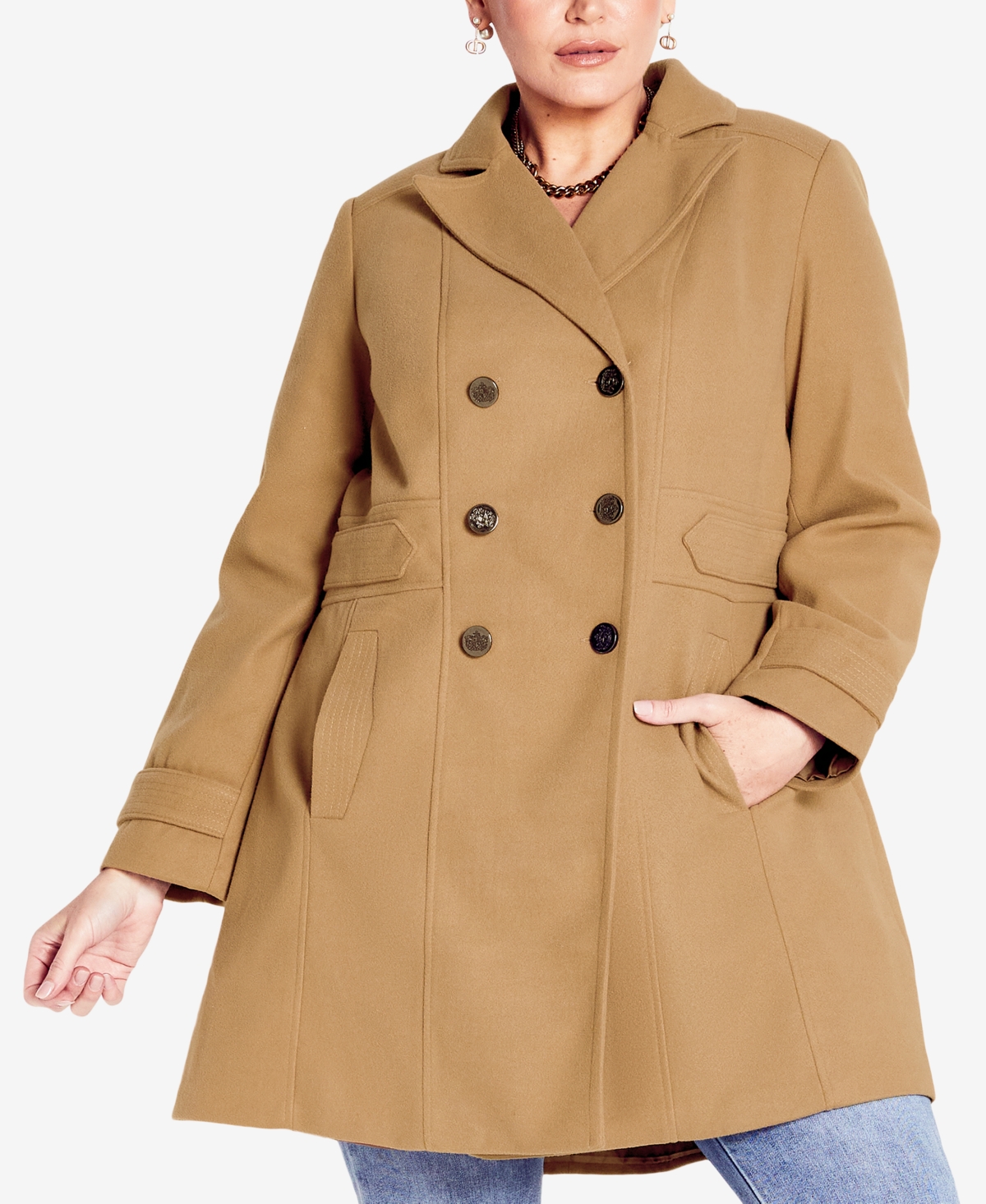 Avenue Plus Size Military Inspired Button Detail Coat In Brown