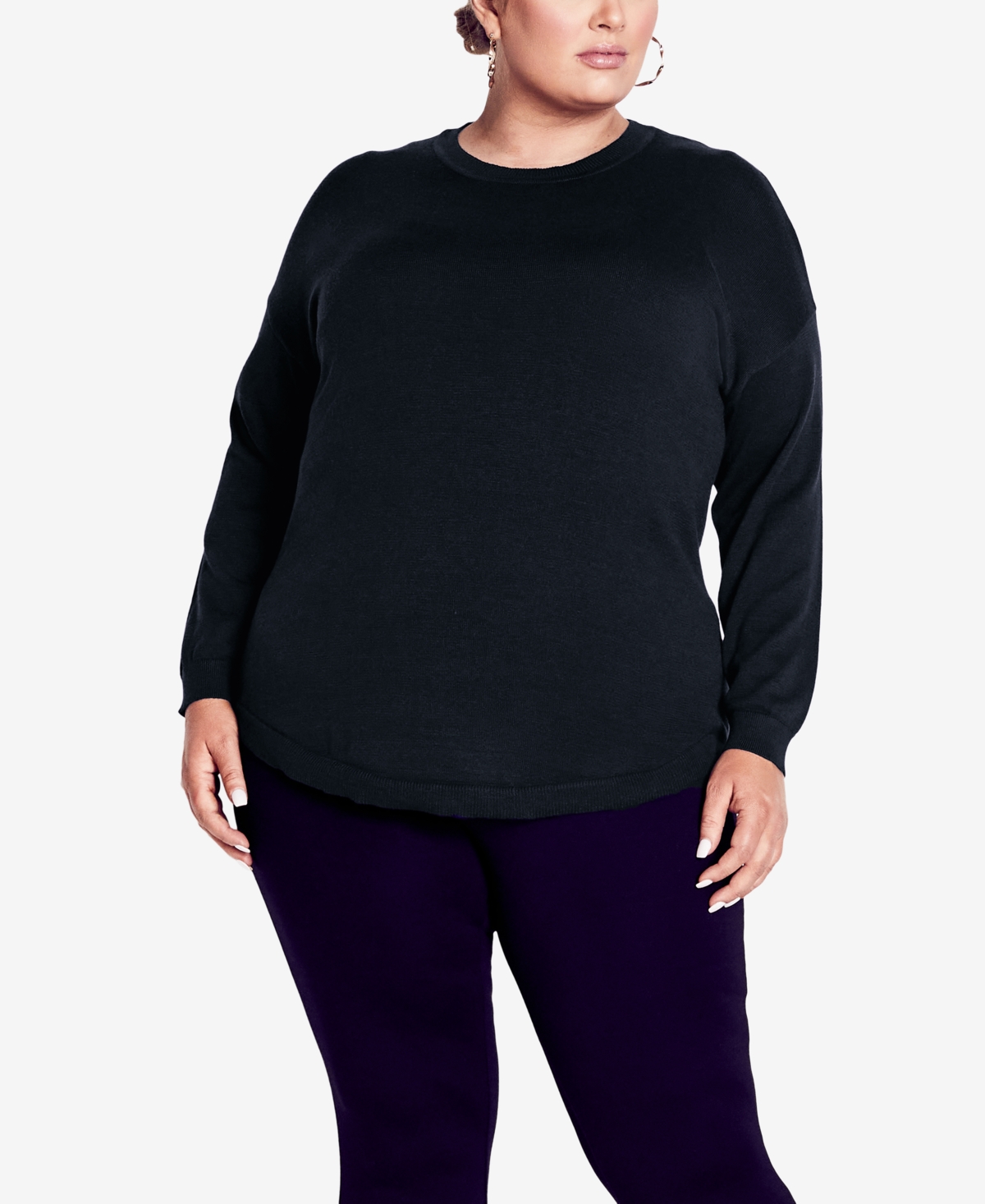 Avenue Plus Size Tully Curved Hem Long Sleeve Sweater In Navy