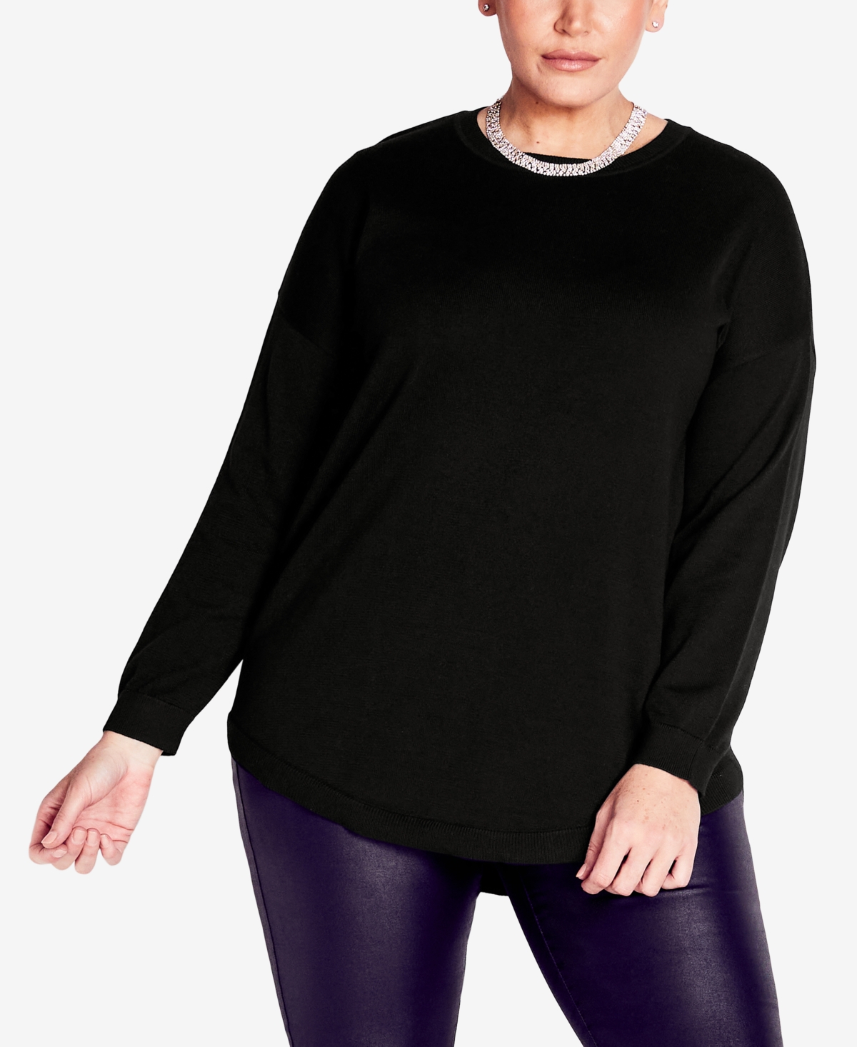 Shop Avenue Plus Size Tully Curved Hem Long Sleeve Sweater In Black