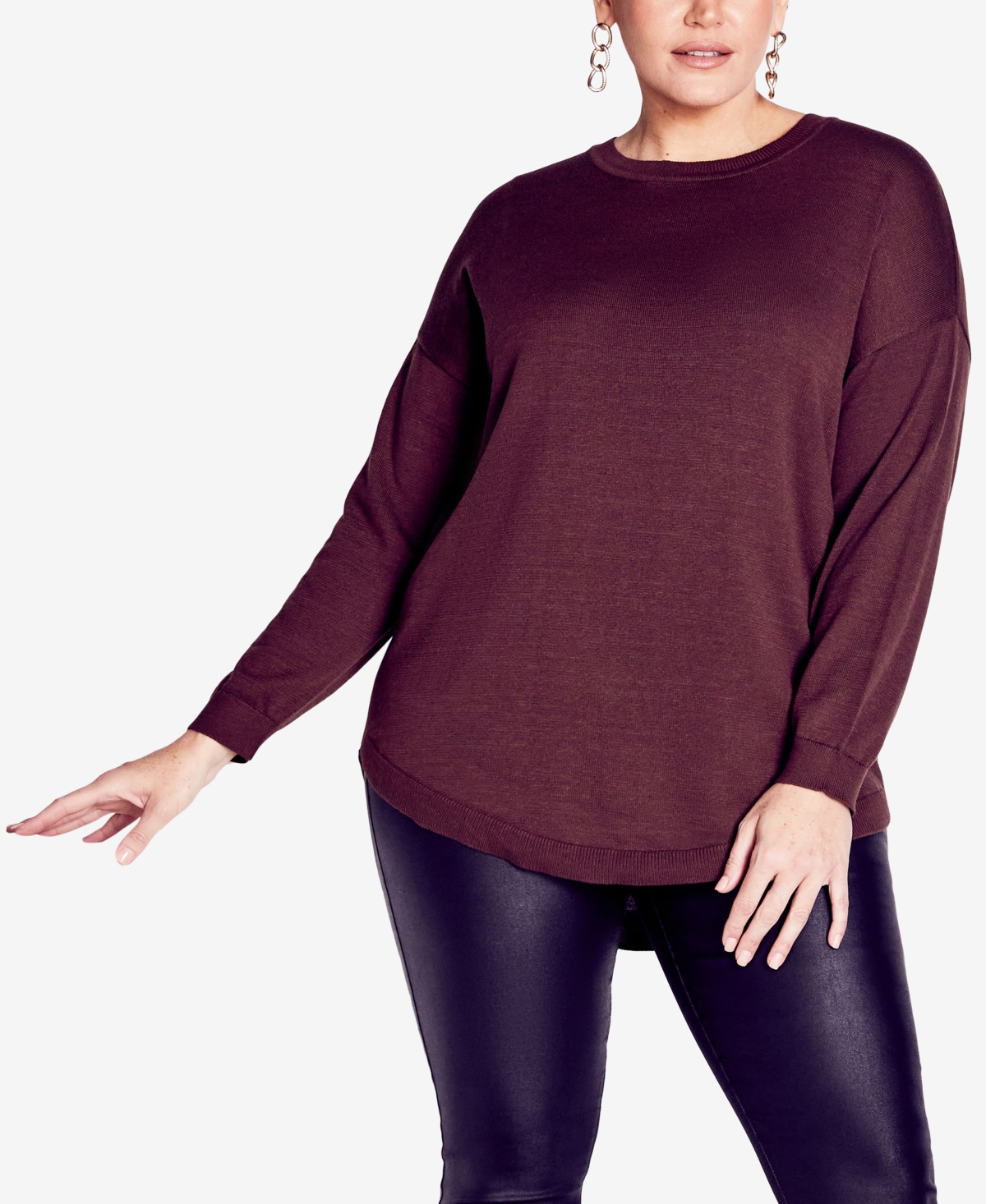 Avenue Plus Size Tully Curved Hem Long Sleeve Sweater In Brown
