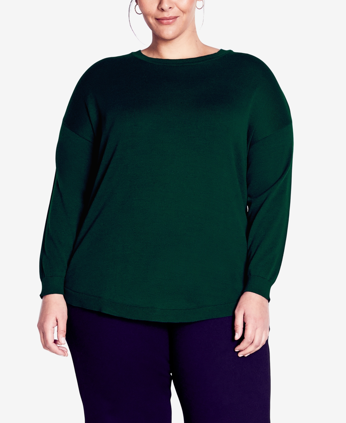 Avenue Plus Size Tully Curved Hem Long Sleeve Sweater In Green