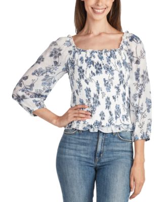 BCX Juniors' Ruffled Square-Neck Smocked Printed Gauze Top - Macy's