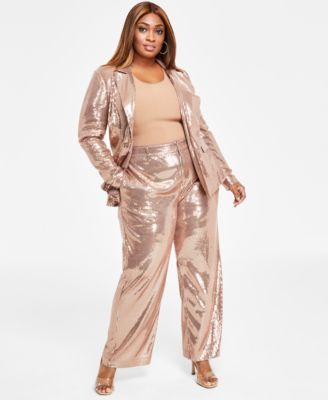 Trendy Plus Size Sequined Blazer Ribbed Tank Top Pants
