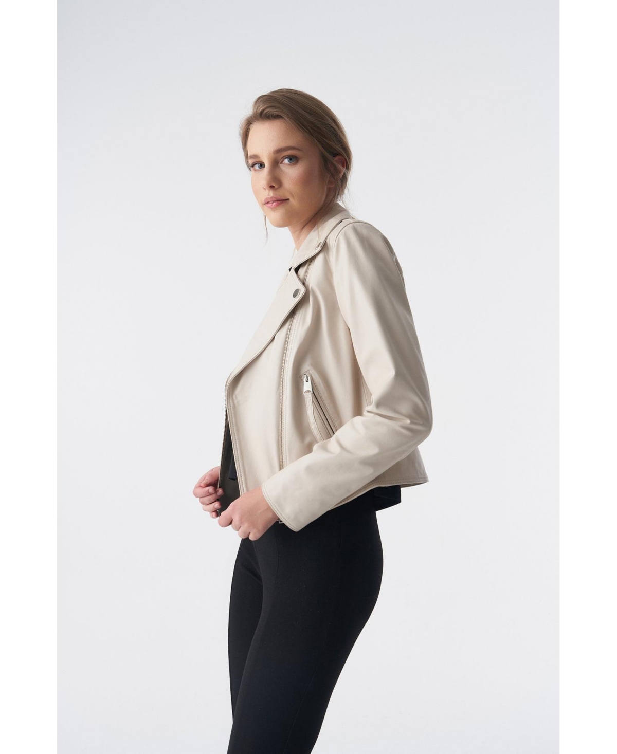 Furniq Uk Women's Classic Biker Jacket,Nappa - Beige