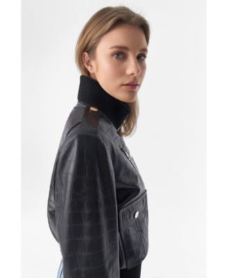 Women's Genuine Leather Bomber Jacket, Crocodile Emboss Black