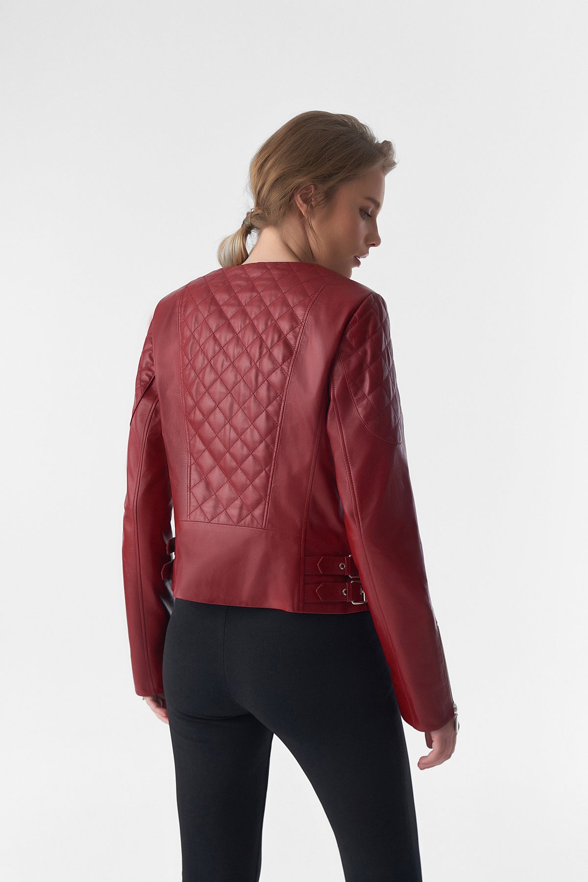 Furniq Uk Women's Genuine Leather Quilted Biker Jacket,- Burgundy